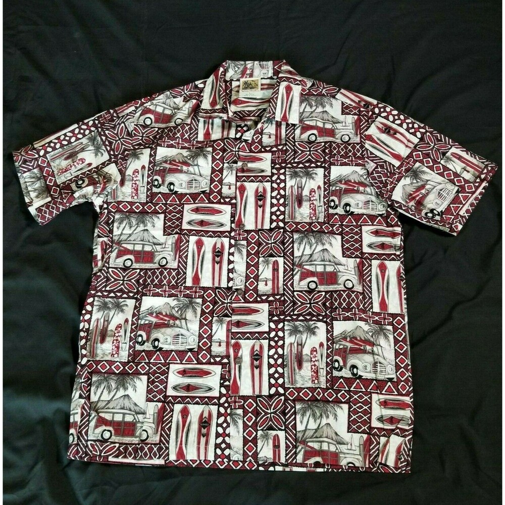 Winnie Fashions Men's Hawaiian Aloha Shirt Surfboards Woody Cars Sailboats Large